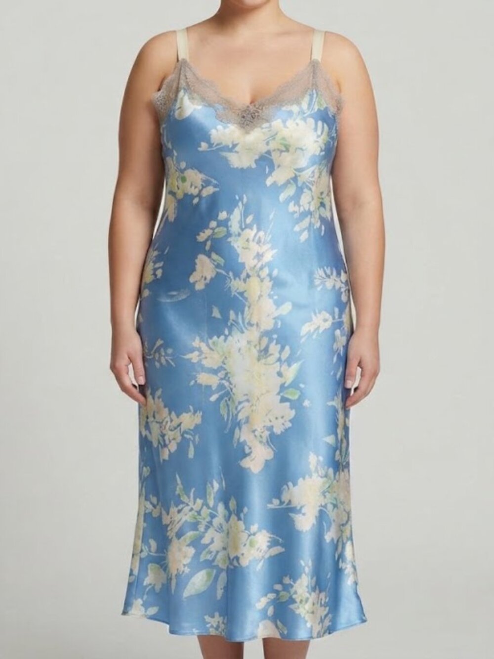 Blue and White Floral Lace-Trim Slip Dress